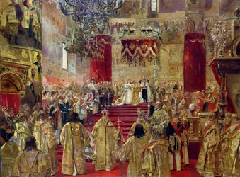 Studie zur Krönung von Zar Nikolaus II. (1868-1918) und Zarin Alexandra (1872-1918) in der Mariä-Entschlafens-Kathedrale, Moskau, 14. Mai 1896